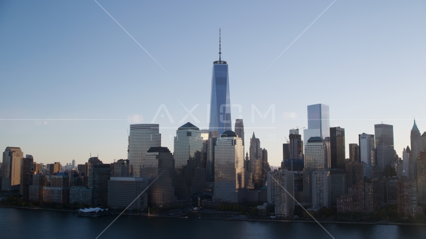 The World Trade Center skyline at sunrise in New York City Aerial Stock Photo AX118_154.0000043F | Axiom Images