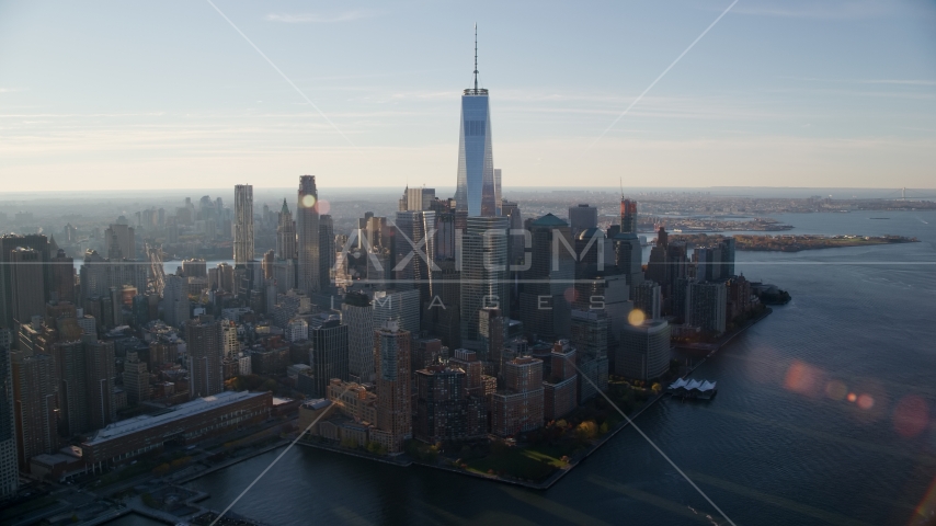 World Trade Center buildings at sunrise in Lower Manhattan, New York City Aerial Stock Photo AX118_213.0000092F | Axiom Images