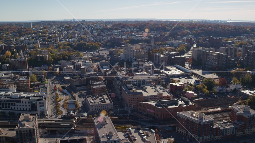 Downtown office buildings in Autumn, Yonkers, New York Aerial Stock Photo AX119_066.0000115F | Axiom Images