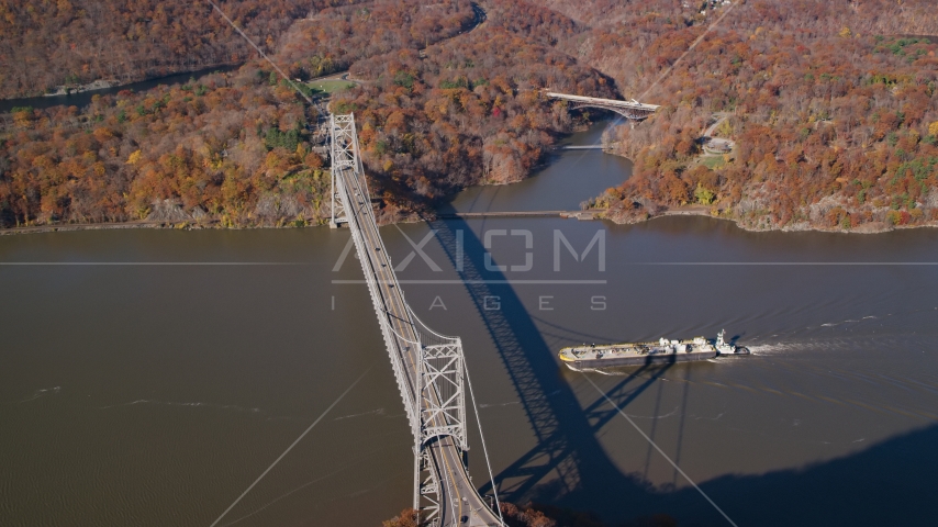 Oil tanker near Bear Mountain Bridge in Autumn, Westchester County, New York Aerial Stock Photo AX119_153.0000270F | Axiom Images