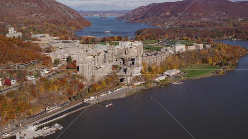 West Point Military Academy in Autumn, West Point, New York Aerial Stock Photo AX119_164.0000000F | Axiom Images