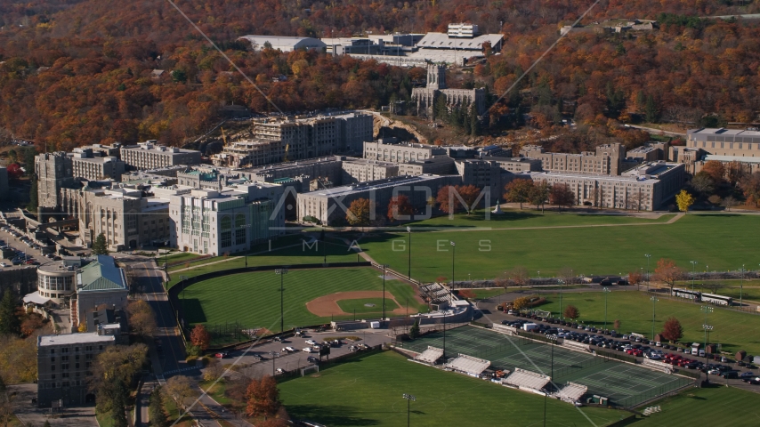 West Point Military Academy, The Plain, and baseball field in Autumn in New York Aerial Stock Photo AX119_168.0000071F | Axiom Images