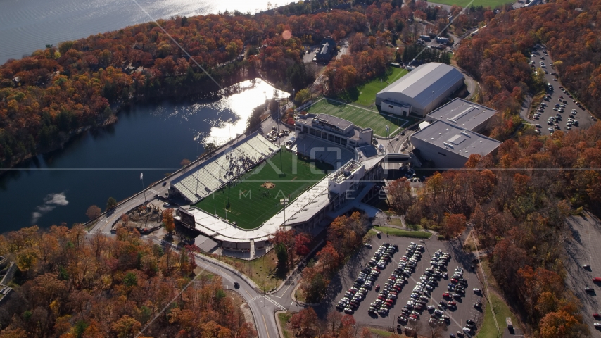 Michie Stadium at West Point Military Academy in Autumn, West Point, New York Aerial Stock Photo AX119_176.0000060F | Axiom Images