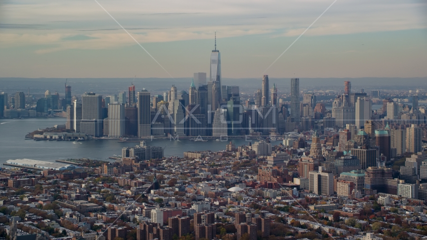 Lower Manhattan skyline and East River, seen from Brooklyn in Autumn, New York City Aerial Stock Photo AX120_086.0000097F | Axiom Images