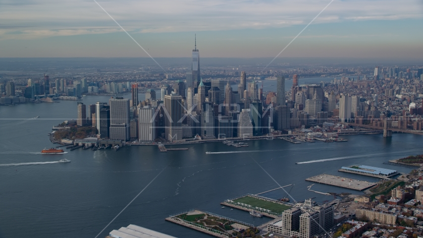 Lower Manhattan across the East River in Autumn, New York City Aerial Stock Photo AX120_090.0000099F | Axiom Images