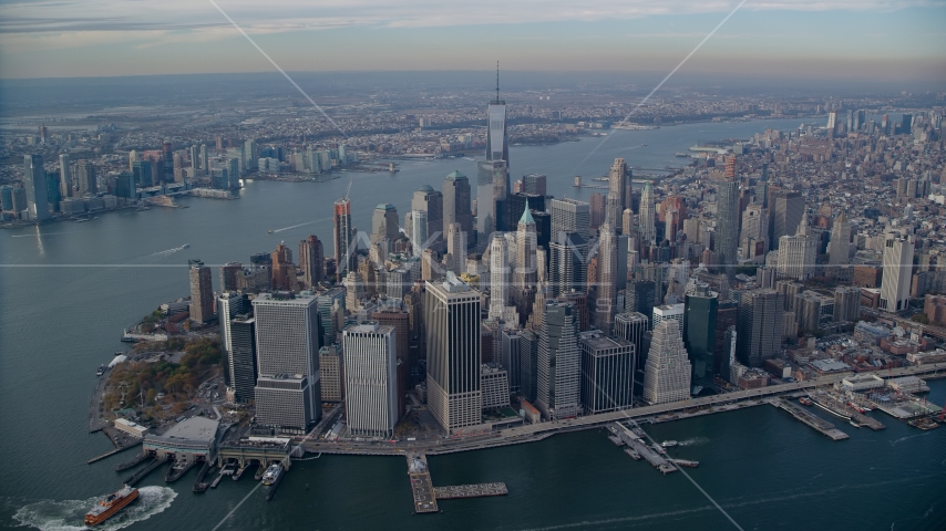 Lower Manhattan and the Hudson River in Autumn, New York City Aerial Stock Photo AX120_093.0000145F | Axiom Images