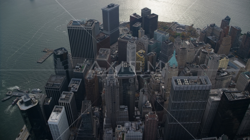 Skyscrapers on the end of Lower Manhattan, New York City Aerial Stock Photo AX120_107.0000010F | Axiom Images