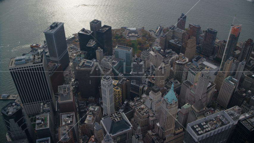 Skyscrapers and Battery Park's Castle Clinton in Lower Manhattan, New York City Aerial Stock Photo AX120_107.0000254F | Axiom Images