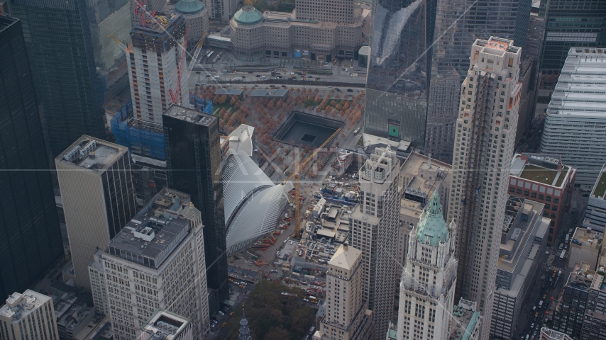 Part of the World Trade Center Memorial in Lower Manhattan, New York City Aerial Stock Photo AX120_115.0000095F | Axiom Images