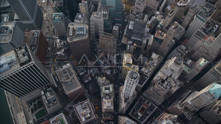 Bird's eye of view of skyscrapers in Lower Manhattan, New York City Aerial Stock Photo AX120_117.0000119F | Axiom Images