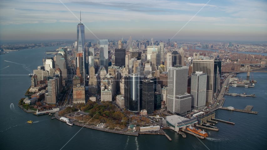 Battery Park, Lower Manhattan in Autumn, New York City Aerial Stock Photo AX120_123.0000208F | Axiom Images