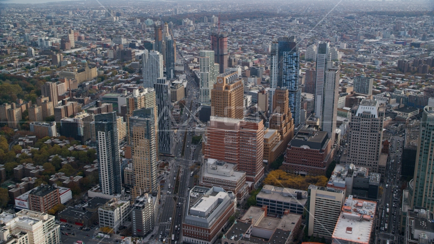 Brooklyn skyscrapers around Flatbush Avenue in Autumn, New York City  Aerial Stock Photo AX120_132.0000111F | Axiom Images