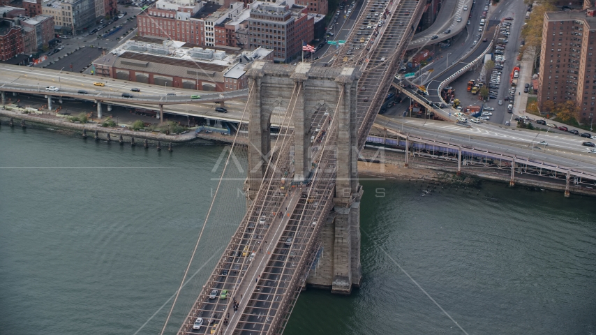 Light traffic on the Brooklyn Bridge, New York City Aerial Stock Photo AX120_136.0000273F | Axiom Images