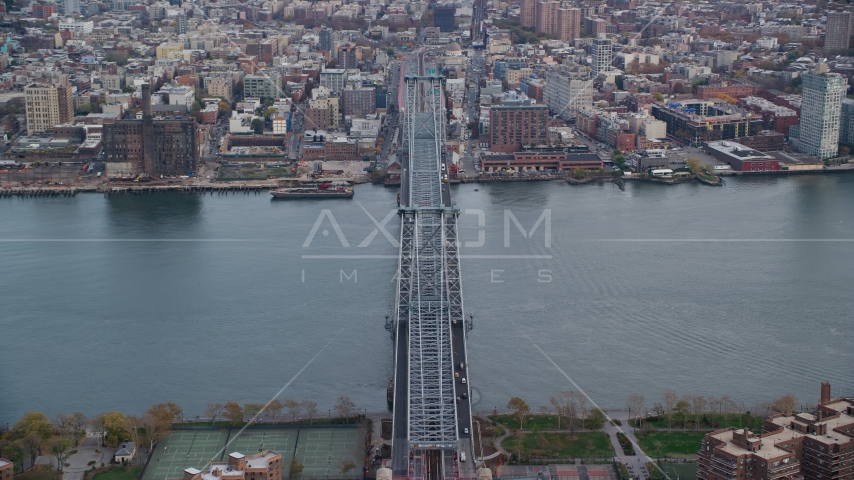 Orbit the Williamsburg Bridge in Autumn, New York City Aerial Stock Photo AX120_153.0000145F | Axiom Images