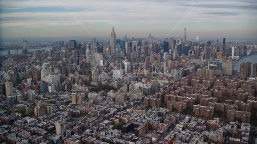 Midtown Manhattan seen from East Village in New York City Aerial Stock Photo AX120_154.0000074F | Axiom Images