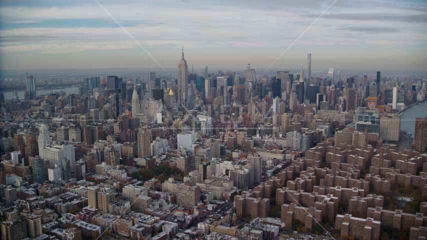 Midtown Manhattan skyscrapers seen from East Village, New York City Aerial Stock Photo AX120_154.0000197F | Axiom Images