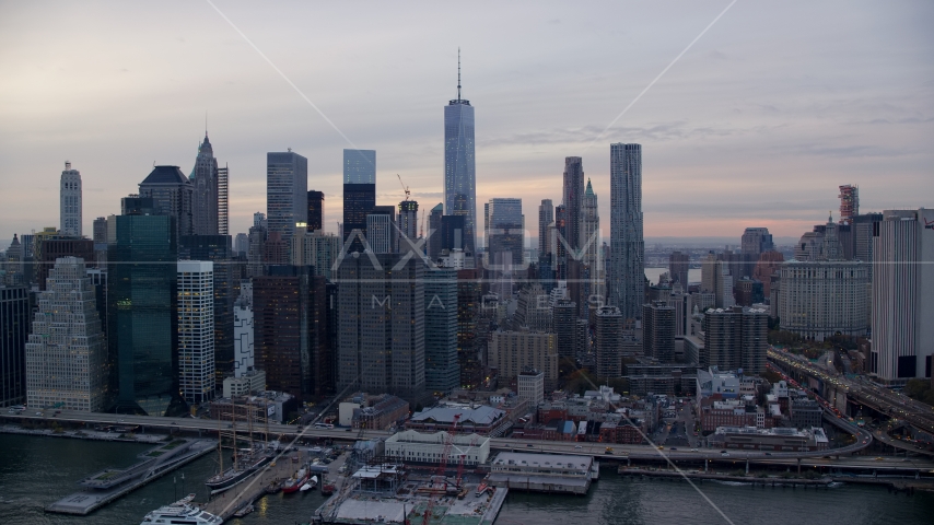 Skyscrapers in Lower Manhattan at sunset, New York City Aerial Stock Photo AX121_024.0000131F | Axiom Images