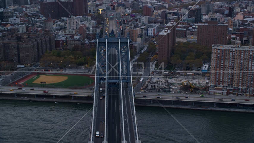 Manhattan Bridge at sunset in New York City Aerial Stock Photo AX121_025.0000168F | Axiom Images