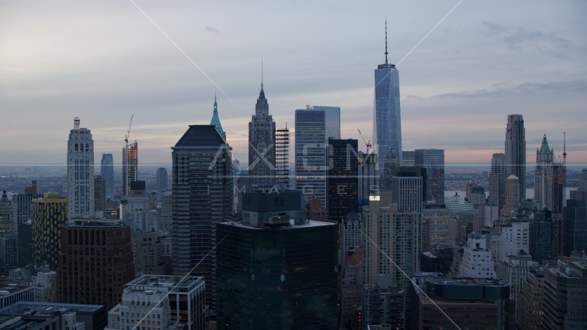 The towers of Lower Manhattan sunset in New York City Aerial Stock Photo AX121_033.0000014F | Axiom Images