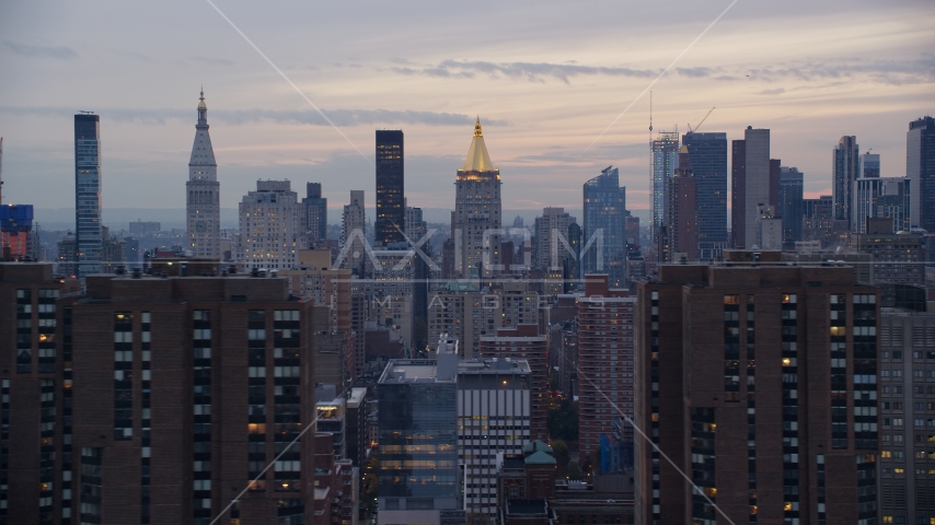 New York Life Building and Midtown skyscrapers at sunset in New York City Aerial Stock Photo AX121_074.0000064F | Axiom Images