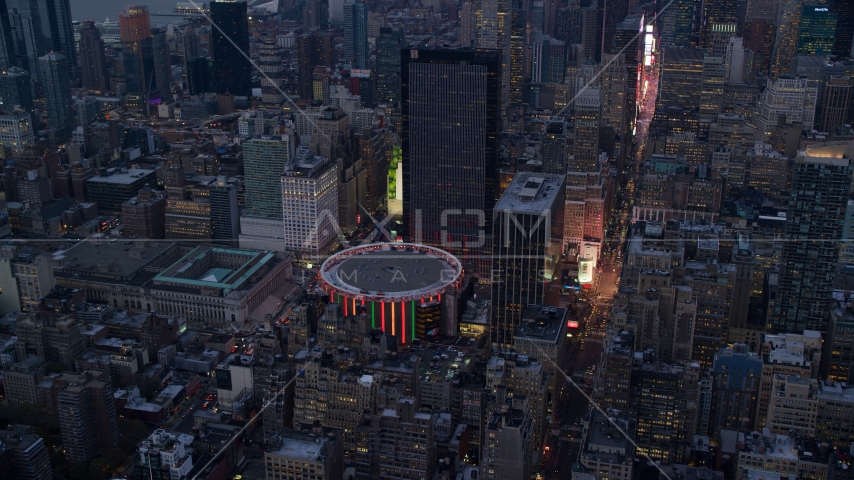 Madison Square Garden at sunset in Midtown Manhattan, New York City Aerial Stock Photo AX121_084.0000063F | Axiom Images