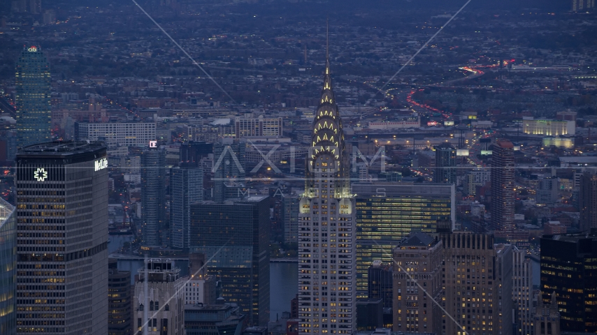 Top of Chrysler Building at sunset in Midtown, New York City Aerial Stock Photo AX121_089.0000062F | Axiom Images