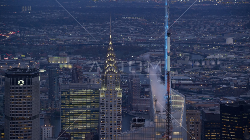 The Chrysler Building at sunset in Midtown Manhattan, New York City Aerial Stock Photo AX121_089.0000311F | Axiom Images