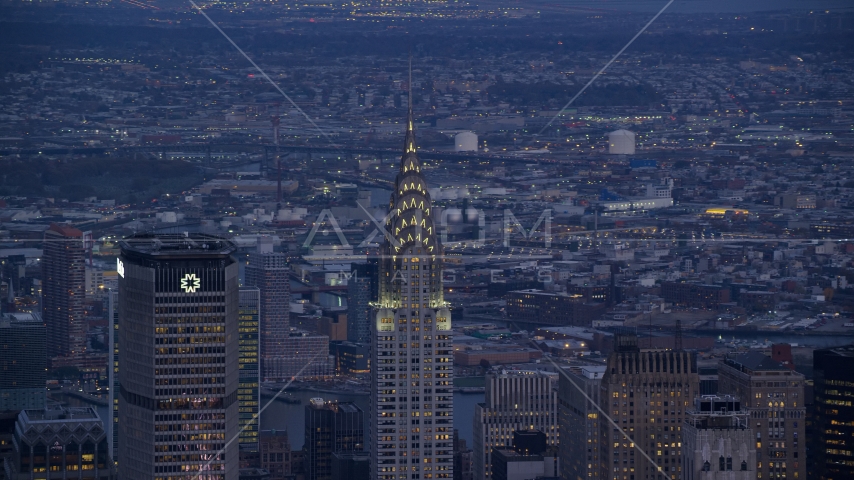 The tops of the MetLife and Chrysler Building in Midtown at sunset in New York City Aerial Stock Photo AX121_090.0000279F | Axiom Images