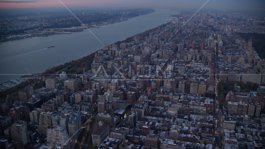 Apartment buildings on the Upper West Side at sunset in New York City Aerial Stock Photo AX121_093.0000107F | Axiom Images