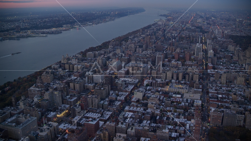 Apartment complexes on the Upper West Side at sunset in New York City Aerial Stock Photo AX121_094.0000139F | Axiom Images