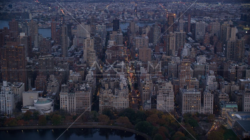 Upper East Side apartment buildings at sunset in New York City Aerial Stock Photo AX121_097.0000043F | Axiom Images