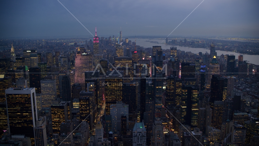 Tall Midtown Manhattan skyscrapers at sunset in New York City Aerial Stock Photo AX121_101.0000263F | Axiom Images