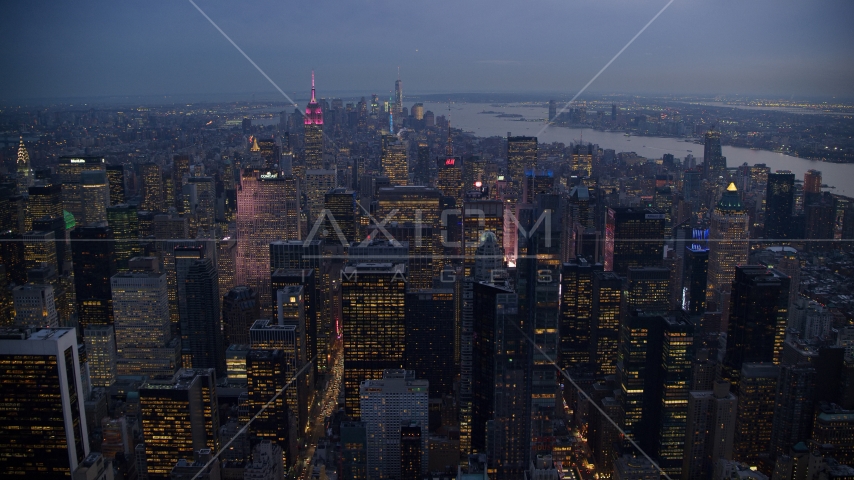 Midtown skyscrapers near Times Square at sunset in New York City Aerial Stock Photo AX121_102.0000049F | Axiom Images