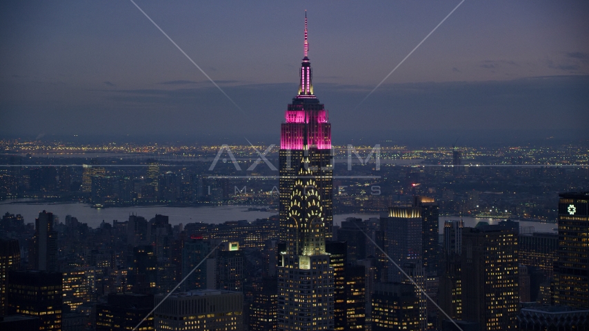 The Empire State Building behind the Chrysler Building at sunset in Midtown Manhattan, New York City Aerial Stock Photo AX121_122.0000177F | Axiom Images