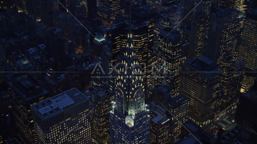 The Chrysler Building at sunset in Midtown Manhattan, New York City Aerial Stock Photo AX121_126.0000034F | Axiom Images