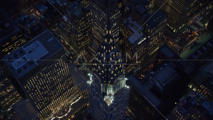 A bird's eye view of Chrysler Building at sunset in Midtown Manhattan, New York City Aerial Stock Photo AX121_126.0000182F | Axiom Images