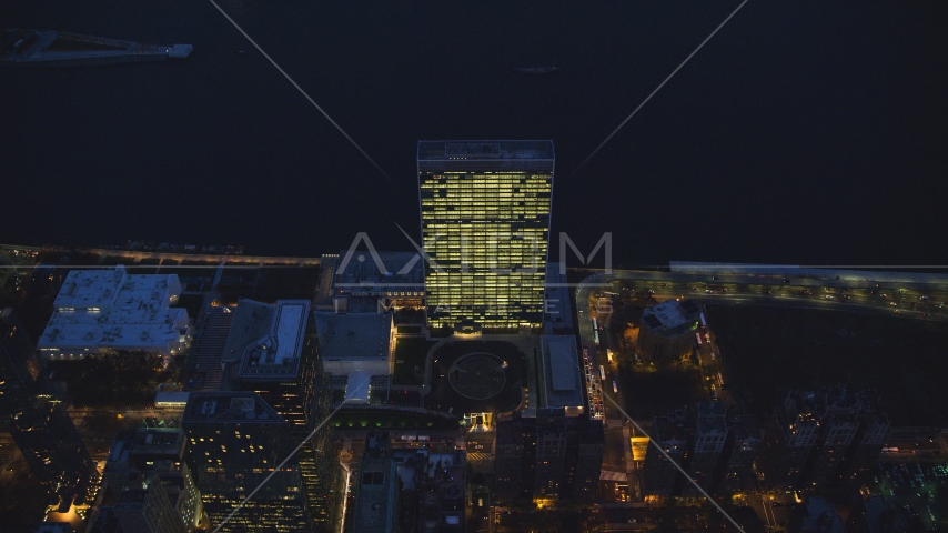 The United Nations at night in Midtown, New York City Aerial Stock Photo AX121_139.0000135F | Axiom Images