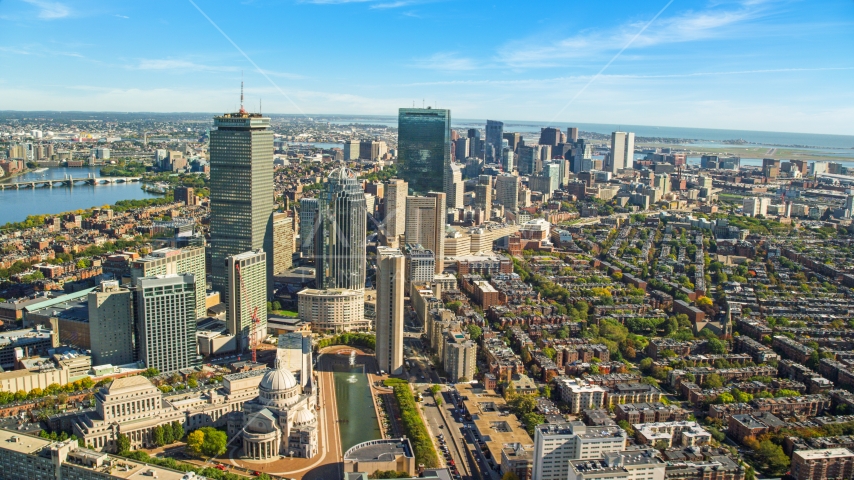 Prudential Tower and 111 Huntington Avenue skyscrapers, Downtown Boston, Massachusetts Aerial Stock Photo AX142_020.0000000 | Axiom Images