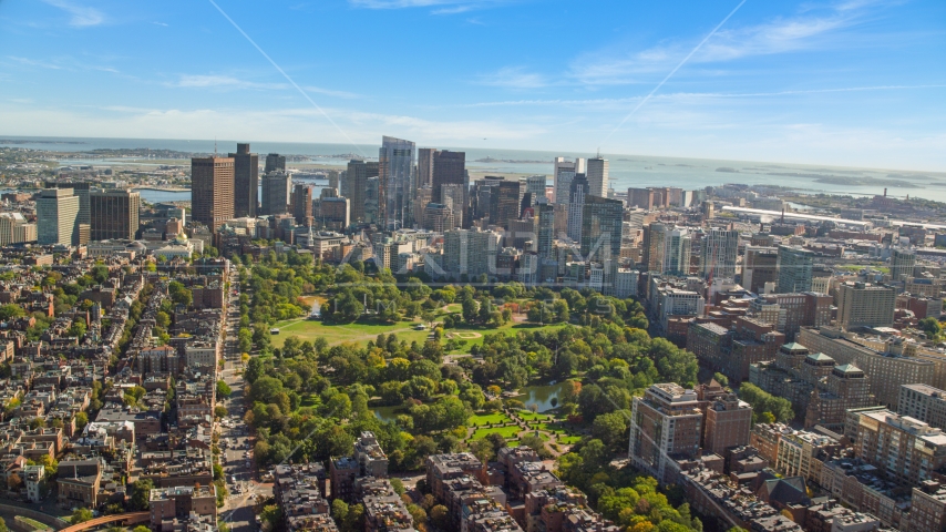 City buildings, skyscrapers and Boston Common, Downtown Boston, Massachusetts Aerial Stock Photo AX142_022.0000210 | Axiom Images