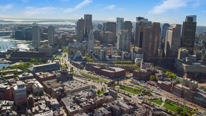 Skyscrapers and Boston City Hall in Downtown Boston, Massachusetts Aerial Stock Photo AX142_026.0000152 | Axiom Images