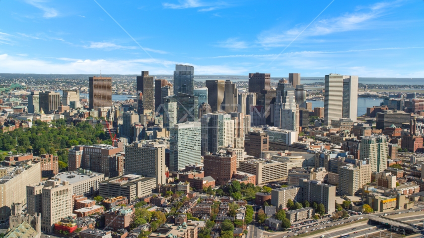 Towering skyscrapers in Downtown Boston, Massachusetts Aerial Stock Photo AX142_151.0000213 | Axiom Images