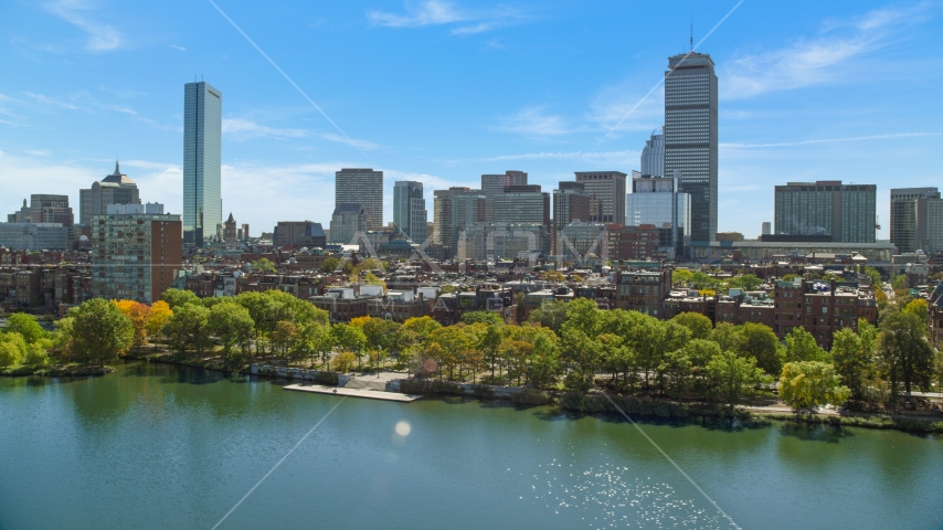 City buildings and waterfront parks in Back Bay, Downtown Boston, Massachusetts Aerial Stock Photo AX142_172.0000000 | Axiom Images