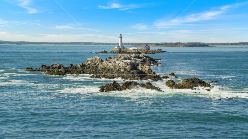 Shag Rocks and Boston Light on Little Brewster Island, Boston Harbor, Massachusetts Aerial Stock Photo AX142_273.0000216 | Axiom Images