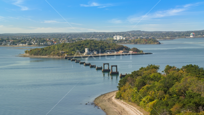 An unfinished bridge near Moon Island, Boston Harbor, Massachusetts Aerial Stock Photo AX142_282.0000021 | Axiom Images