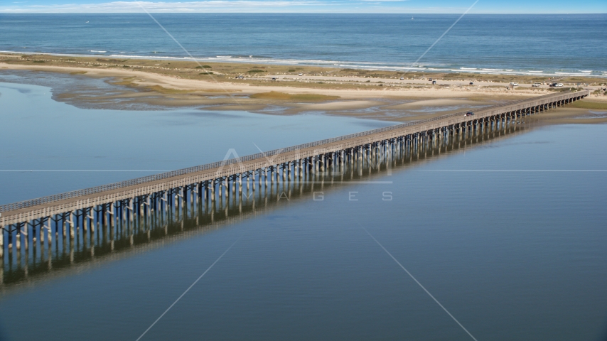 The Powder Point Bridge beside a beach, Duxbury, Massachusetts Aerial Stock Photo AX143_079.0000000 | Axiom Images