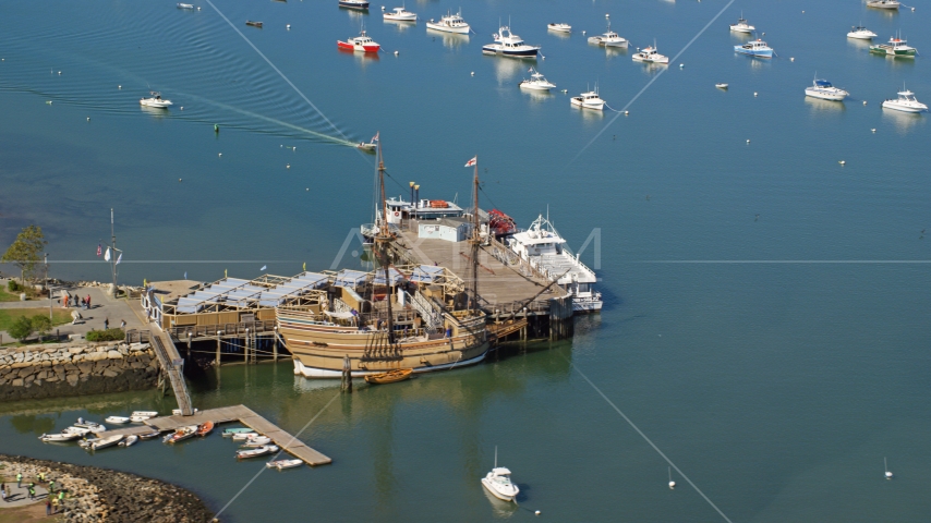 The Mayflower II and Mayflower II Museum, Plymouth, Massachusetts Aerial Stock Photo AX143_089.0000203 | Axiom Images