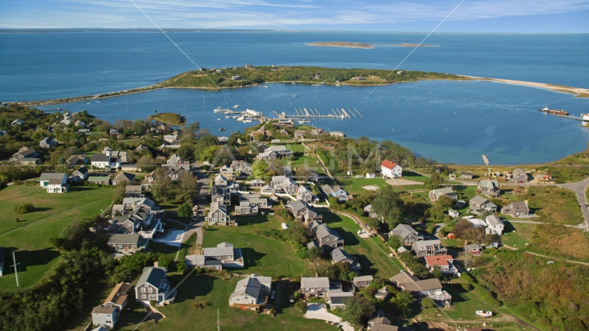 A coastal community near pond on Cuttyhunk Island, Elisabeth Islands, Massachusetts Aerial Stock Photo AX144_176.0000114 | Axiom Images