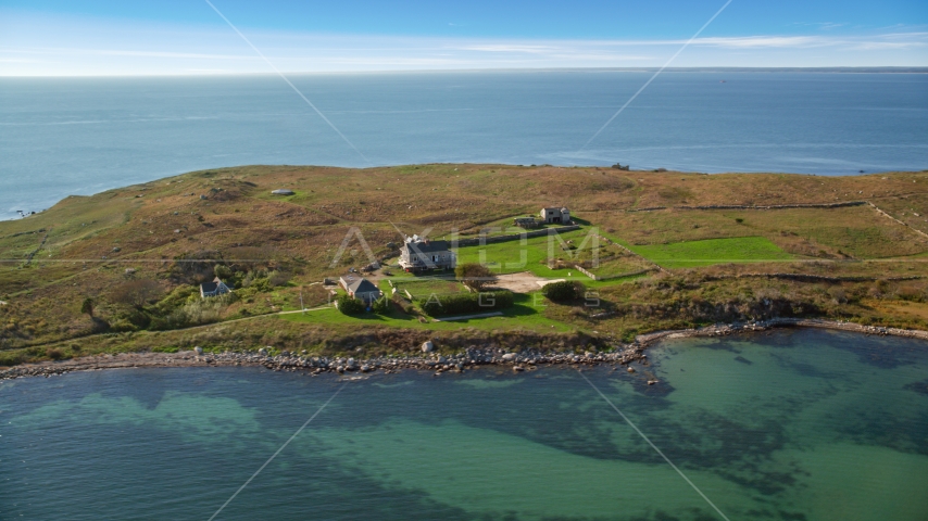 A view of Penikese Island School on Penikese Island, Elisabeth Islands, Massachusetts Aerial Stock Photo AX144_180.0000219 | Axiom Images