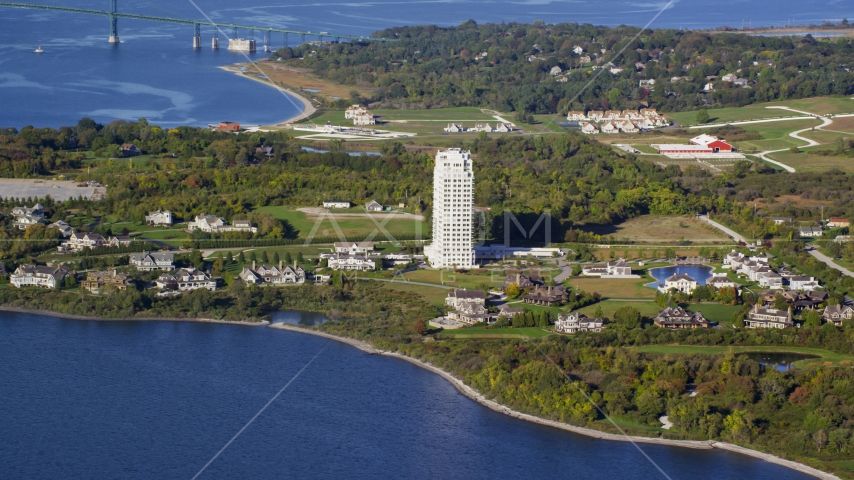 Upscale waterfront homes and condominium complex, Portsmouth, Rhode Island Aerial Stock Photo AX145_008.0000125 | Axiom Images