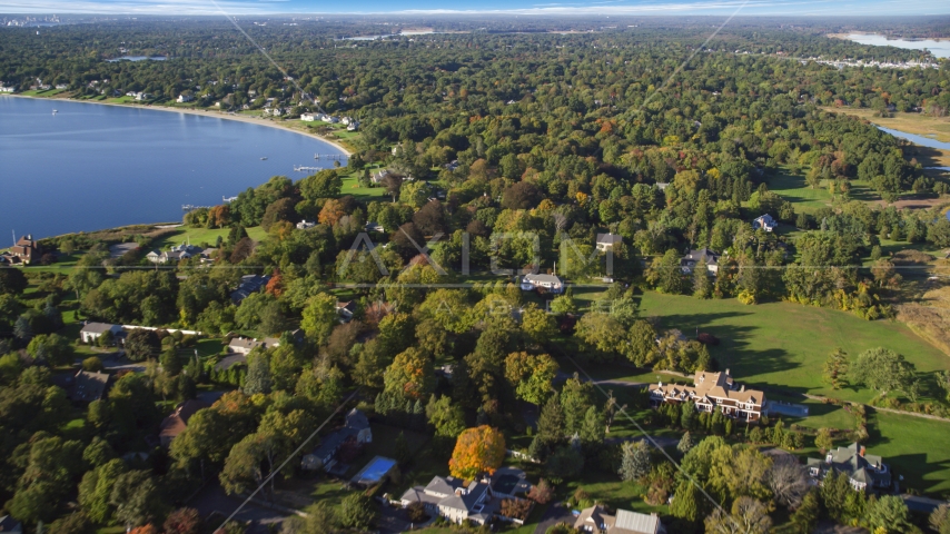 Homes and colorful trees near the shore, Barrington, Rhode Island Aerial Stock Photo AX145_017.0000000 | Axiom Images